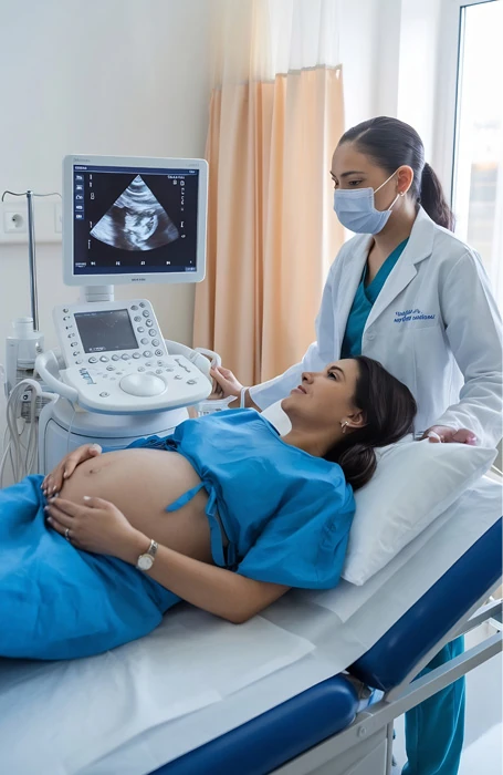 Pregnancy ultrasound showing NT (nuchal translucency) measurement