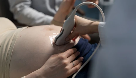 Doctor performing fetal echocardiography scan to assess baby’s heart development